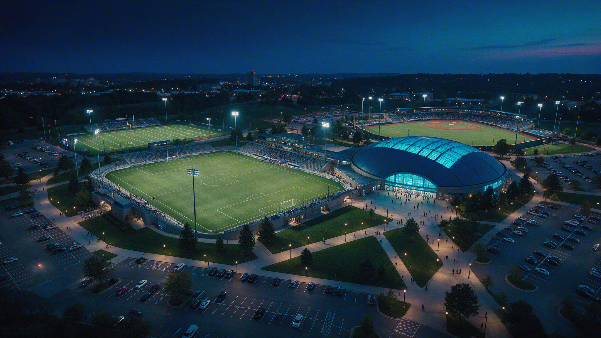 Vista aérea de un complejo deportivo iluminado